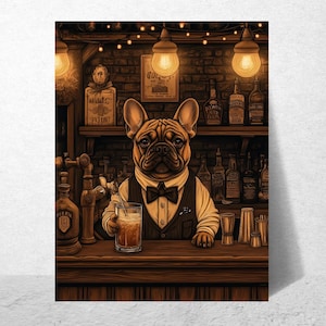 French Bulldog Bartender Art Print: Whimsical Dog Lover Pub Decor