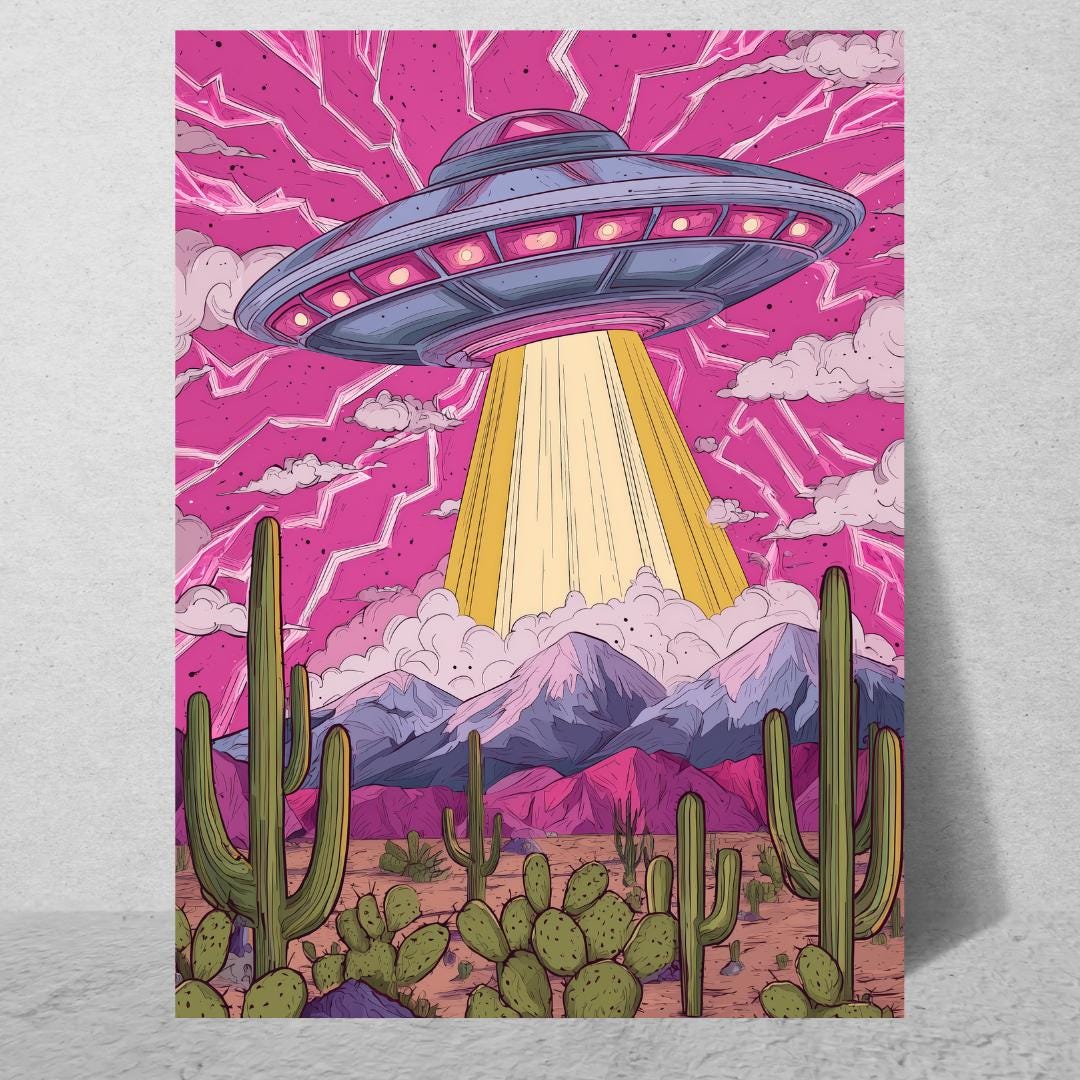 Colorful Alien UFO Poster: Funky Sci-fi Wall Art - Etsy