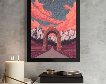 May include: Framed art print depicting a surreal landscape with a road leading through an archway towards snow-capped mountains. The sky features vibrant orange clouds and a crescent moon. The artwork is in a black frame.