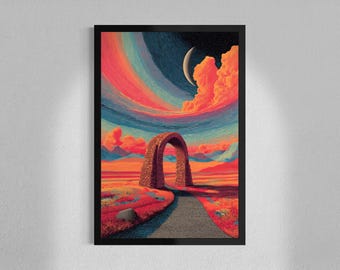 Beyond the Arch - Vibrant Landscape Framed Print - Colorful Surreal Nature Art