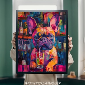 Colorful French Bulldog Bar Print: Unique Pet Decor, Framed Poster