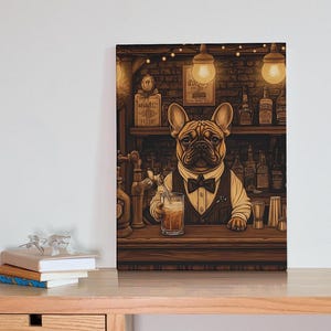 Whimsical French Bulldog Bartender Canvas Print: Vintage Pet Bar Wall Art