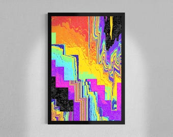 Prismatic Chaos - Neon Glitch Staircase 20" x 30" Framed Print - Abstract Retro Vaporwave Wall Art