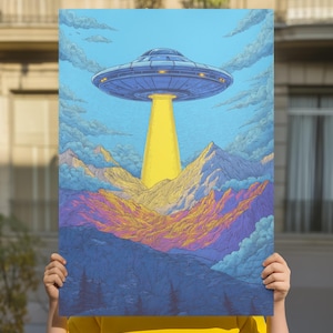 UFO Mountain Landscape Poster: Vibrant Space Art for Sci-Fi Fans
