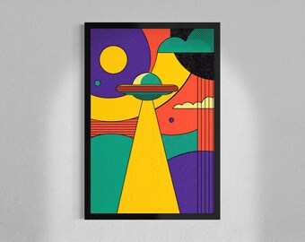 Geometric Landing - Retro UFO Abduction Framed Print - Colorful Mid-Century Space Art