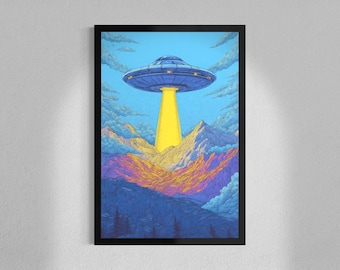 Cosmic Touchdown - Surreal Alien UFO Landscape Framed Poster - Retro Sci-Fi Wall Art