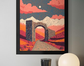May include: A framed art print depicts a landscape with a stone archway, road, and mountains under a sky with clouds and a moon. The print is in a black frame. A black glass and a white globe lamp sit on a marble surface.
