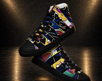 Sneakers alte da uomo, scarpe in tela con motivi astratti, scarpe alte streetwear colorate, scarpe disegnate da artisti.