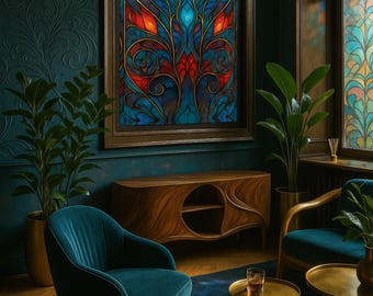 Arte mural con vitrales: póster Art Nouveau enmarcado, impresión vibrante en turquesa y rojo, obra decorativa estilo ventana para la decoración del hogar.