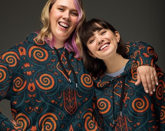 Abstract Spiral Hoodie, Orange Teal Unisex Recycled Pullover, Wearable Art Sweatshirt