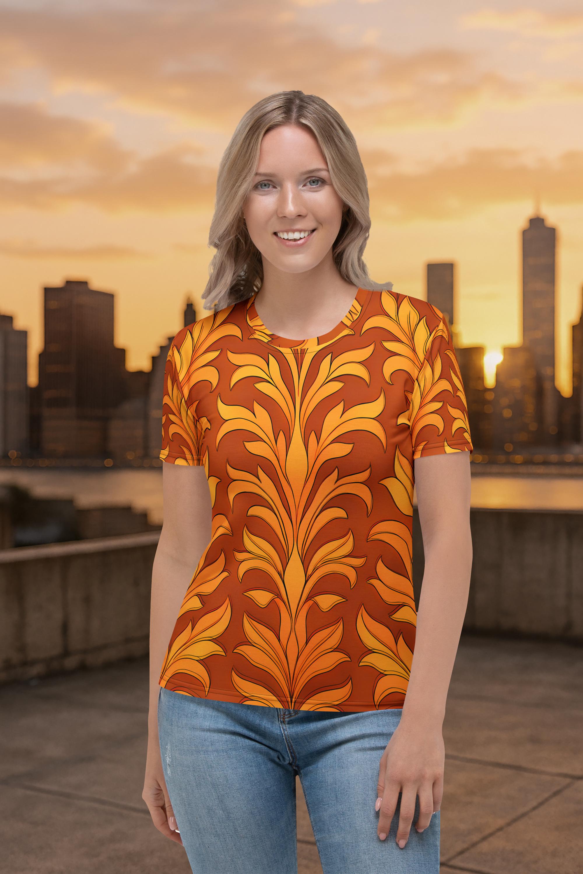 Camiseta con estampado integral de llamas ámbar: arte vibrante para almas audaces