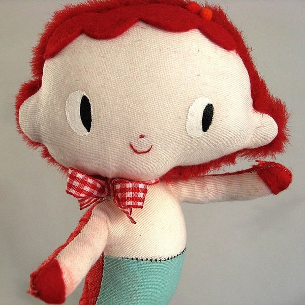 Lili the Mermaid Doll. One-of-a-kind handmade rag doll. RED GINGHAM Bow.
