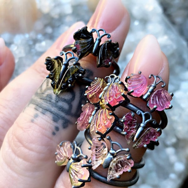 Watermelon tourmaline ring, butterfly ring, tourmaline slice ring