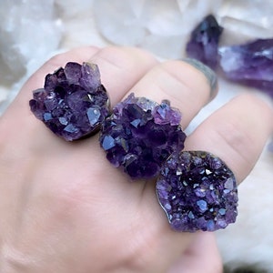 Amethyst crystal ring, Druzy statement ring, Purple stone ring