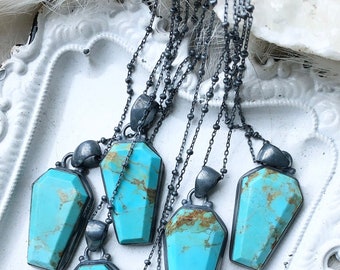 Turquoise necklace, coffin necklace, December birthstone, raw stone necklace, witchy