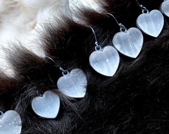 Selenite earrings, heart earrings