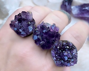 Ametistkristallring, Druzy statementring, Lila stenring