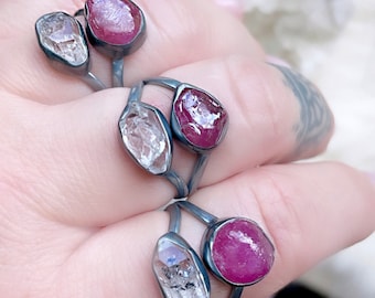 Raw ruby ring, Herkimer diamond ring, July birthstone ring