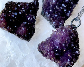 Raw amethyst necklace, amethyst druzy necklace, purple stone necklace