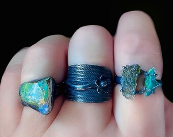 Moldavite ring, raw opal ring, rough opal ring, opal in silver