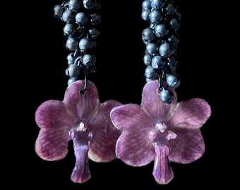 Real orchid earrings, purple orchid earrings