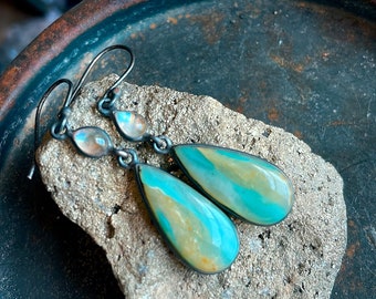 Peruvian blue opal earrings, rainbow moonstone earrings