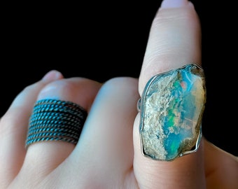 raw opal ring, rough opal ring, opal in silver