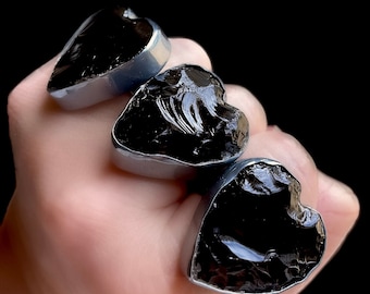 Black obsidian ring, statement ring, heart ring