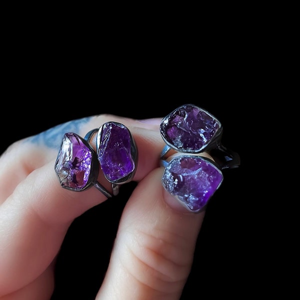 Amethyst ring, purple stone ring, raw crystal ring