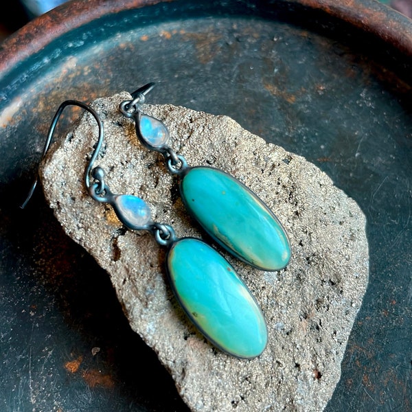 Peruvian blue opal earrings, rainbow moonstone earrings