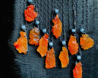 Raw Mexican opal necklace, raw opal crystal necklace, orange stone pendant, Rough opal necklace