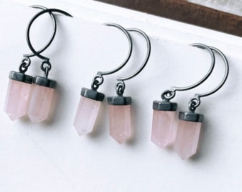 Rose quartz earrings, raw crystal earrings, crystal point earrings, rough stone earrings