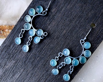 Gemstone dagger earrings triangle bezel set gemstone earrings Aqua Chalcedony Earrings silver flower earrings Art Deco flower earrings