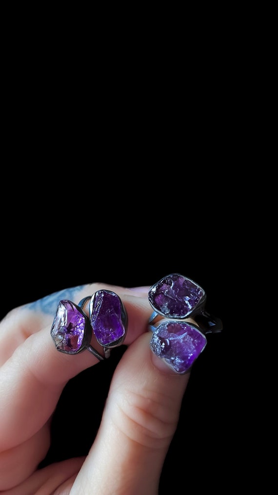 Amethyst Ring, Purple Stone Ring, Raw Crystal Ring UK
