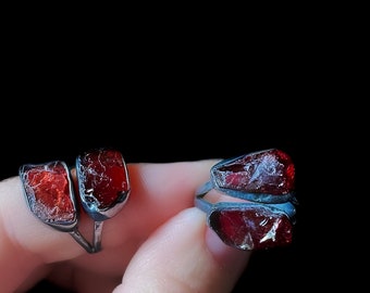 Garnet ring, red stone ring, raw crystal ring