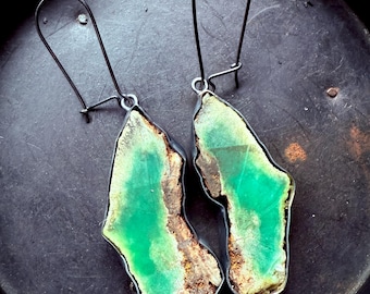 Chrysoprase earrings, raw stone earrings, green stone earrings, statement earrings
