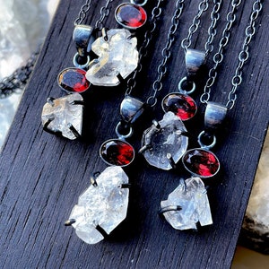 Garnet necklace, Herkimer Diamond necklace, raw crystal necklace, wedding necklace, January birthstone