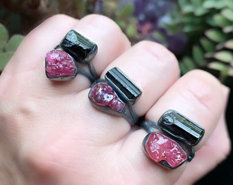 Raw ruby ring, black tourmaline ring, July Birthstone ring