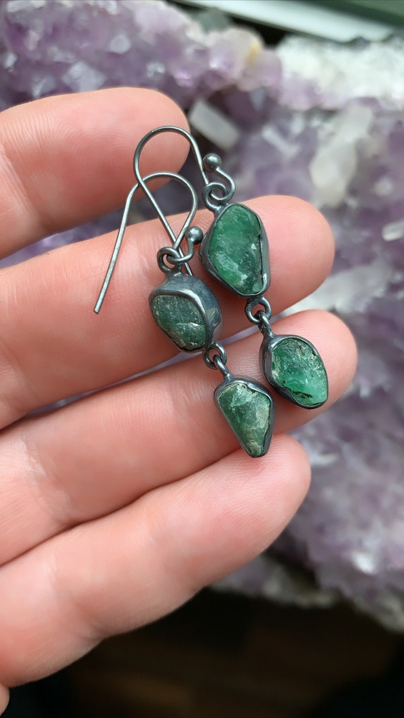 Raw emerald earrings, May birthstone, raw crystal earrings image 2