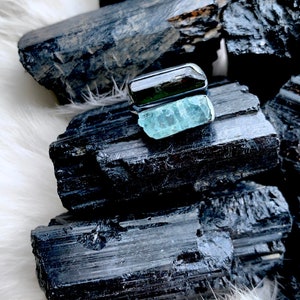 Black tourmaline Ring, raw aquamarine ring