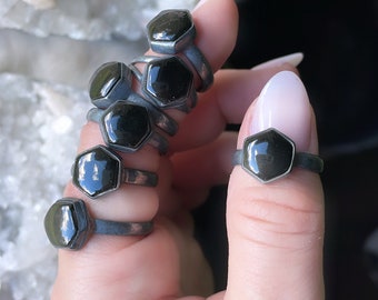 Black onyx ring, new moon Ring, black stone ring