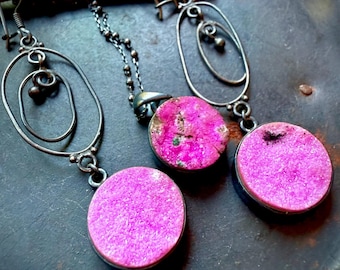 Cobalto Calcite necklace, cobalto calcite earrings, druzy earrings, druzy necklace