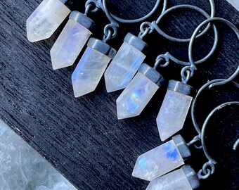 Rainbow moonstone earrings, crystal point earrings. June birthstone, dangle earrings