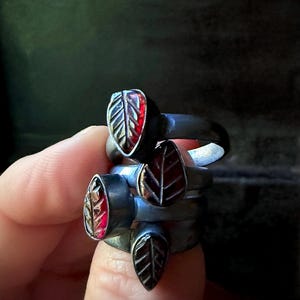 May include: A stack of silver rings, each featuring a leaf design with a red gemstone center. The rings are held in a hand, showcasing the intricate details of the jewelry against a dark background.