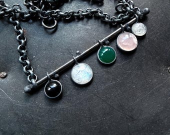 Multiedelsteen bedelketting, regenboog maansteen ketting, groene onyx ketting, rozenkwarts ketting, zwarte onyx ketting