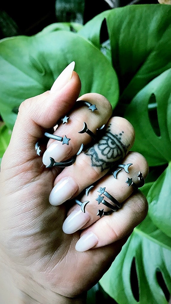 Moon and Star Silver Ring, Crescent Moon, Celestial Open Adjustable Wrap  Around Thumb Sun Space Astrology Dainty