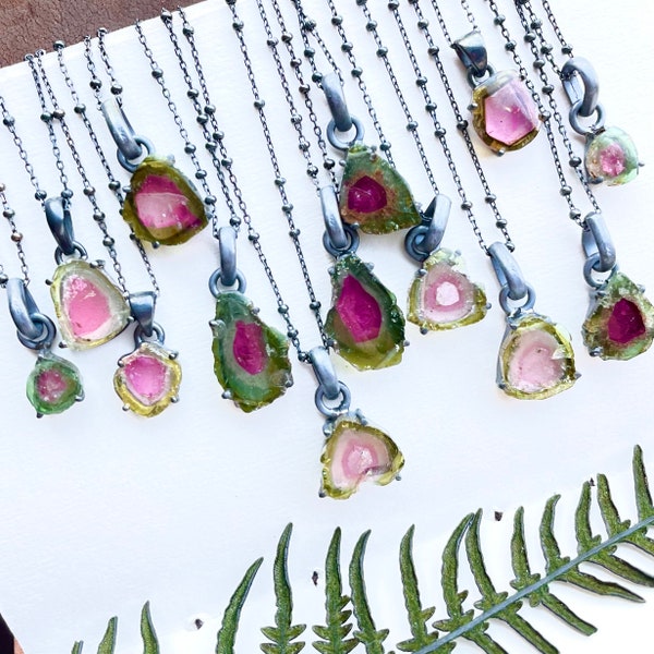 Watermelon tourmaline slice necklace | Tourmaline crystal necklace | Pink tourmaline necklace | Birthstone necklace | Jewelry for her