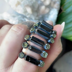 Moldavite Ring Black Tourmaline Ring Raw Crystal Ring Tektite