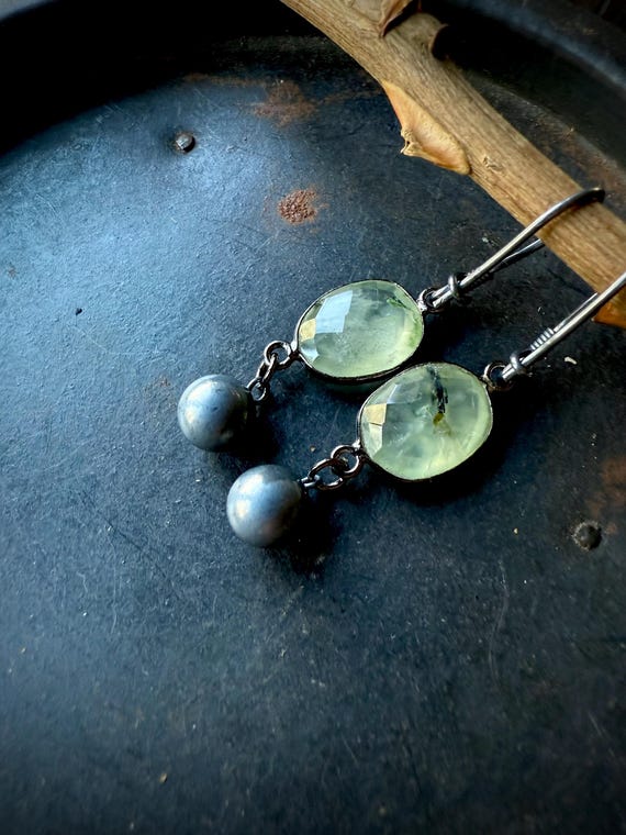 Prehnite earrings, dangle earrings, green stone earrings