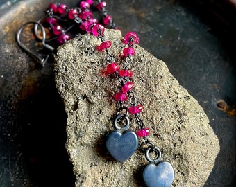 Pink quartz earrings, hot pink quartz, heart earrings